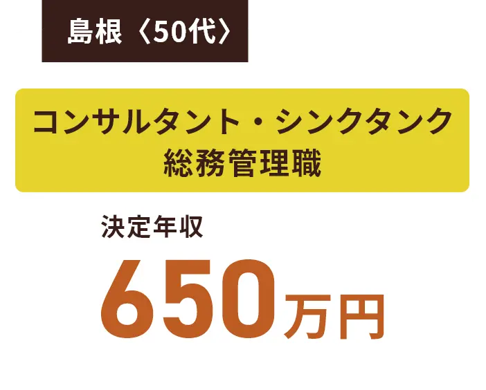 島根〈50代〉コンサルタント・シンクタンク 総務管理職 決定年収650万円